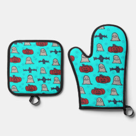 Fun Halloween Print on Blue Ofenhandschuh & Topflappen-Set