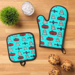 Fun Halloween Print on Blue Ofenhandschuh & Topflappen-Set