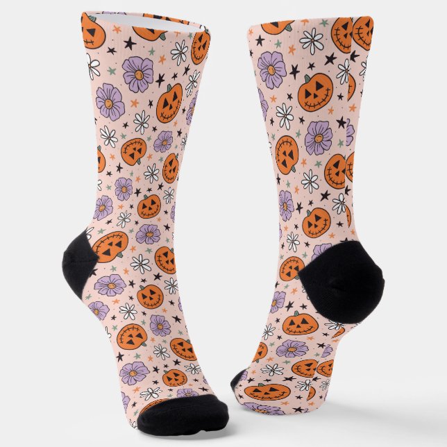 Fun Halloween Pumpkins und Blume Muster Socken (Gewinkelt)