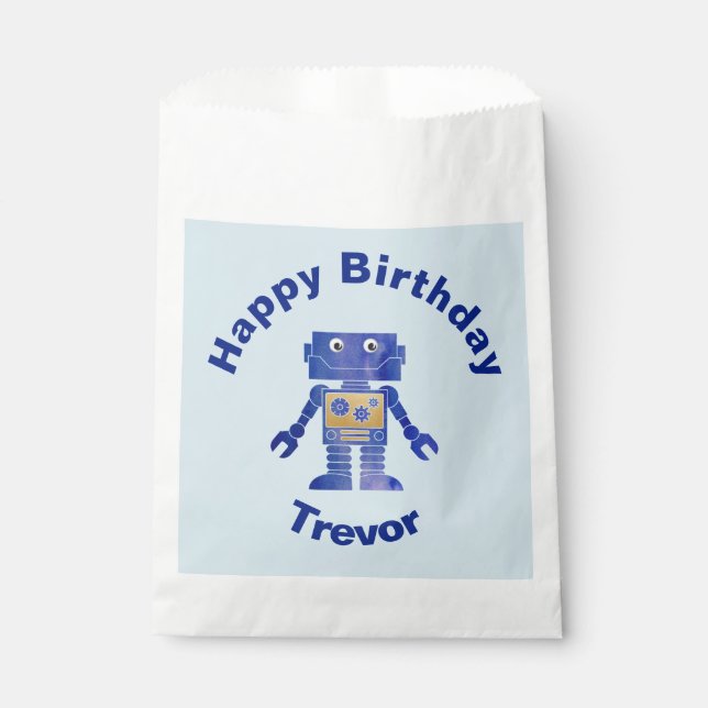 Fun Happy Birthday Blue und Gold Robot mit Namen Geschenktütchen (Vorderseite)