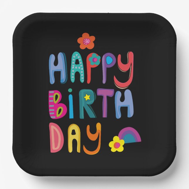 Fun Happy Birthday farbenfrohe Typografie Pappteller (Vorderseite)