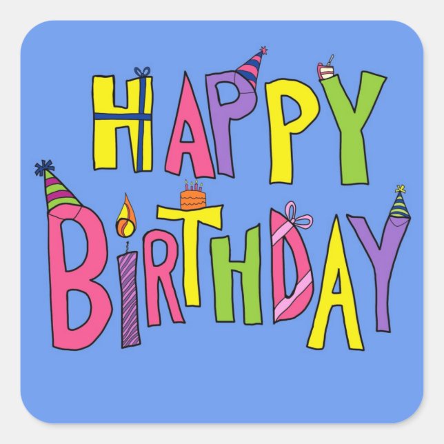 Fun Happy Birthday Illustration Quadratischer Aufkleber (Vorderseite)