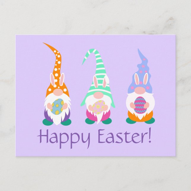 Fun Happy Oaster Gnomes Bunny Ears Spring Lavendel Postkarte (Vorderseite)