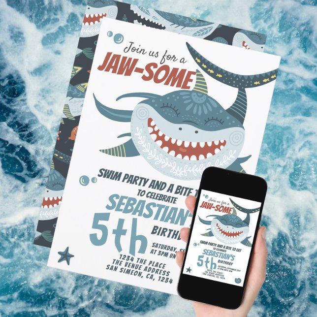 Fun Happy Shark Personalisiert Birthday Party Einladung (Jawsome Shark Birthday Party invitation from Ricaso. Available as printed or digital download. )