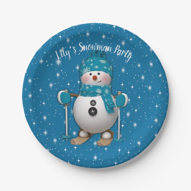 Fun Happy Skiing Snowman Pappteller (Vorderseite)