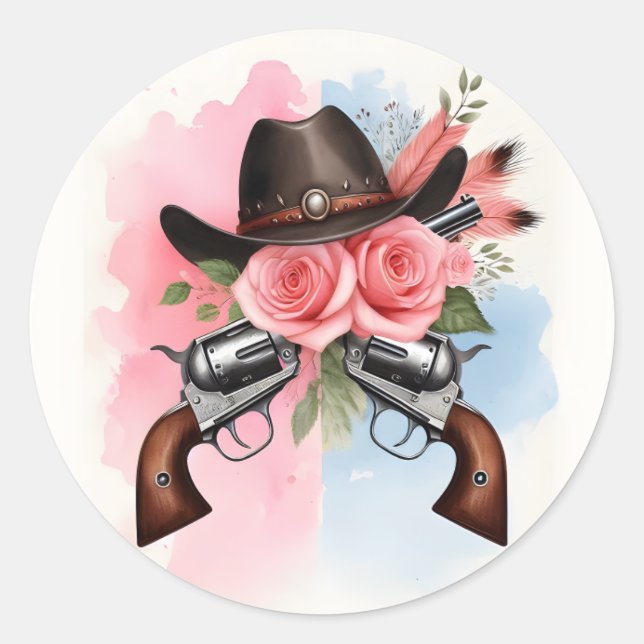 Fun Hat Farm Film USA Cowboy Gender Reveal Runder Aufkleber (Vorderseite)
