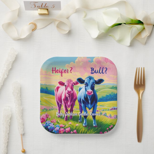 Fun Heifer oder Bull Gender Reveal Pappteller (Hochzeit)