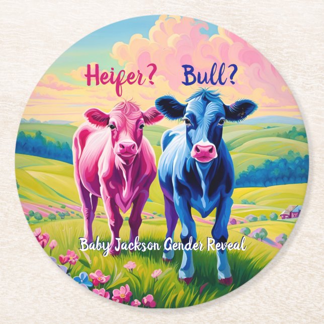Fun Heifer oder Bull Gender Reveal Runder Pappuntersetzer (Vorderseite)