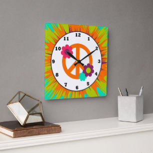 Fun Hippie peace sign wall clock Quadratische Wanduhr