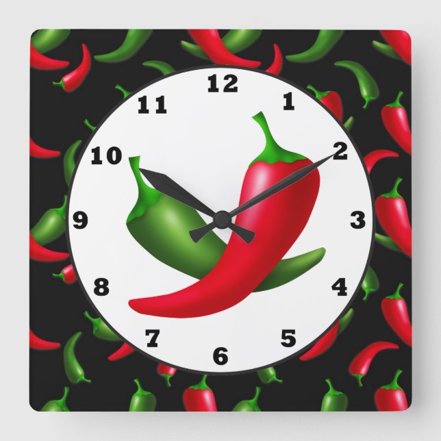Fun Hot peppers kitchen wall clock Quadratische Wanduhr (Vorderseite)