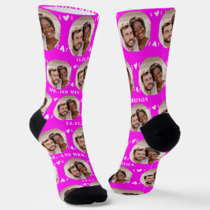 Fun Hot Pink Newlyweds Foto Pattern Socken