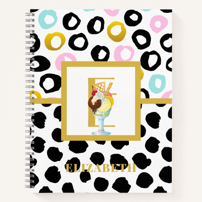 Fun Icecream Sundae Black Pink Monogram Girls Notizbuch (Vorderseite)