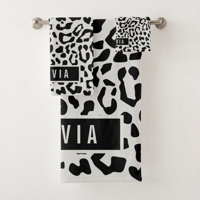 Fun Individuelle Name Snow Leopard Tierdruckmuster Badhandtuch Set (Insitu)