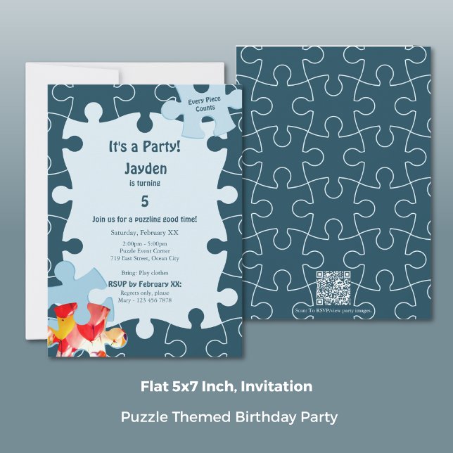 Fun Jigsaw Puzzle Themed 5th Birthday Party Einladung (Fun Jigsaw Puzzle Themed 5th Birthday Party Invitation, Portrait, Flat 5x7 Inch)