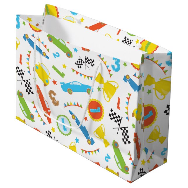 Fun Jungs Rennwagen Muster Party Geschenktasche Große Geschenktüte (Vorderseite Schrägansicht)