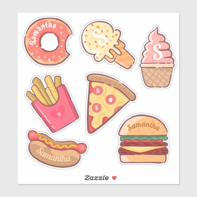 Fun Junk Food Cartoon Individuelle Name & Monogram Aufkleber (Blatt)