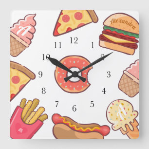Fun Junk Food Cartoons Individuelle Name & Monogra Quadratische Wanduhr