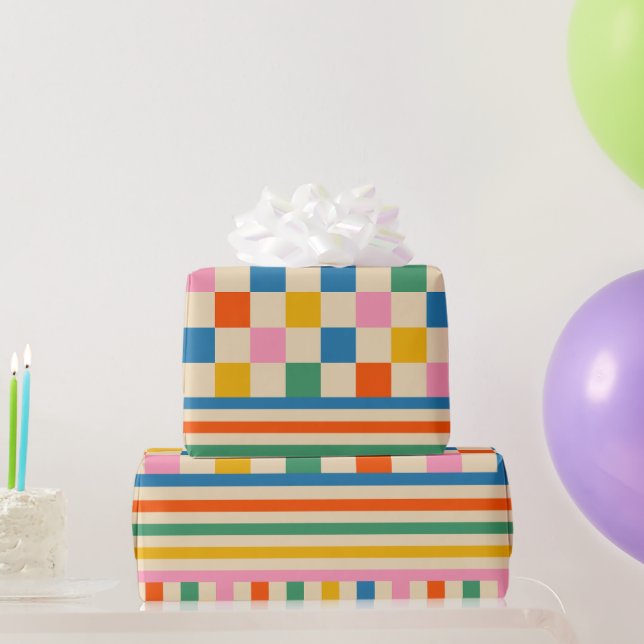 Fun Karo Farbiges Schachbrett Streifen Retro 80er  Geschenkpapier (Partygeschenke)