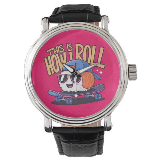 Fun Kawaii Sushi auf Skateboard Armbanduhr (Vorderseite)