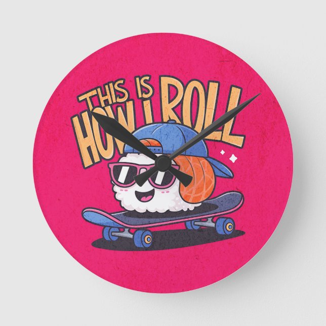 Fun Kawaii Sushi auf Skateboard Runde Wanduhr (Vorderseite)