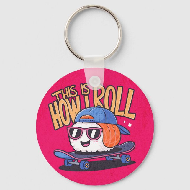 Fun Kawaii Sushi auf Skateboard Schlüsselanhänger (Vorderseite)
