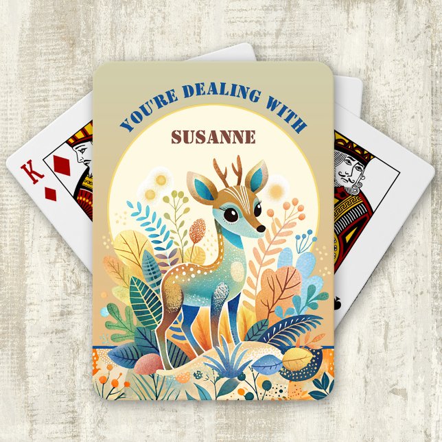 Fun Kids Cartoon Dealer Spielkarten (Deck of playing cards showing a cute colorful design with a retro cartoon deer. Child birthday gift)