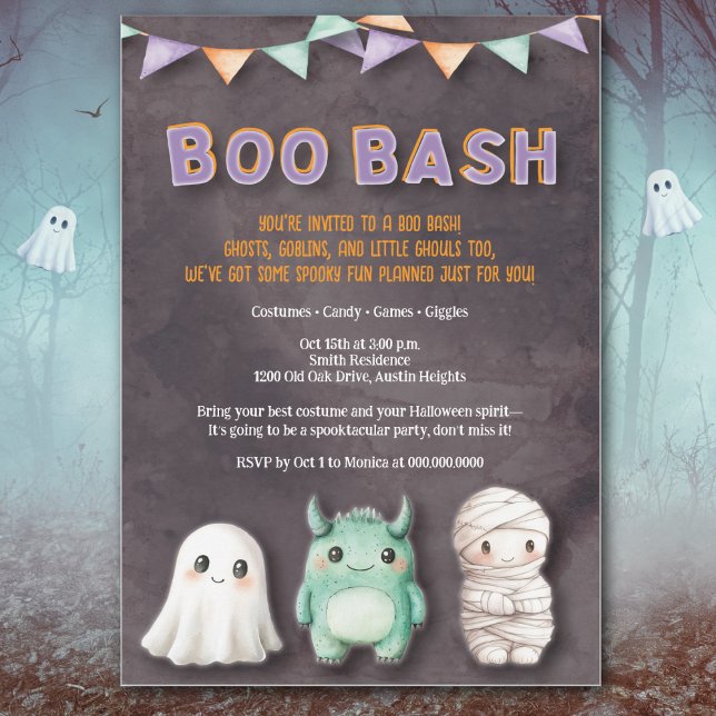 Fun Kids Halloween-Party Einladung (Fun Boo Bash kids Halloween invite with cute ghost, mummy & monster in playful watercolor style.)