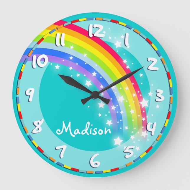 Fun kids rainbow name aqua wall clock große wanduhr (Vorderseite)
