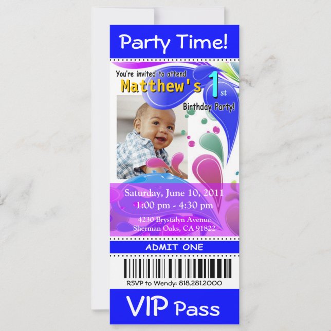 Fun Kids VIP Pass Event Ticket Foto Party (blau) Einladung (Vorderseite)