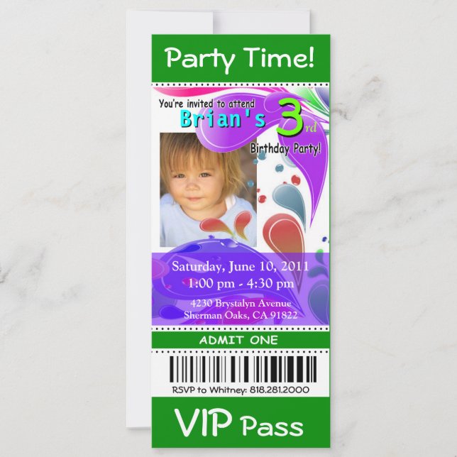 Fun Kids VIP Pass Event Ticket Foto Party (grün) Einladung (Vorderseite)