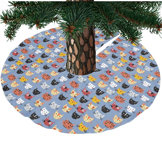Fun Kitty Cat Pattern Blau Polyester Weihnachtsbaumdecke (Fun kitty cat pattern festive Christmas tree skirt)