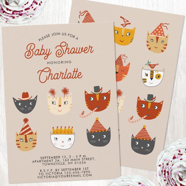 Fun Kitty Cat Personalisiert Babydusche Einladung (Personalized cute kitty cat gendern neutral boy or girl baby shower invitation)