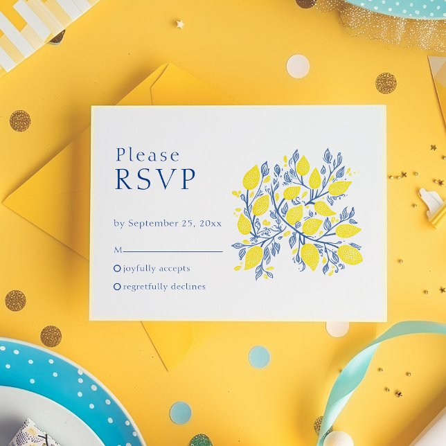 Fun lemon RSVP Karte (Bright yellow and blue Lemon Vines RSVP Response Card.)