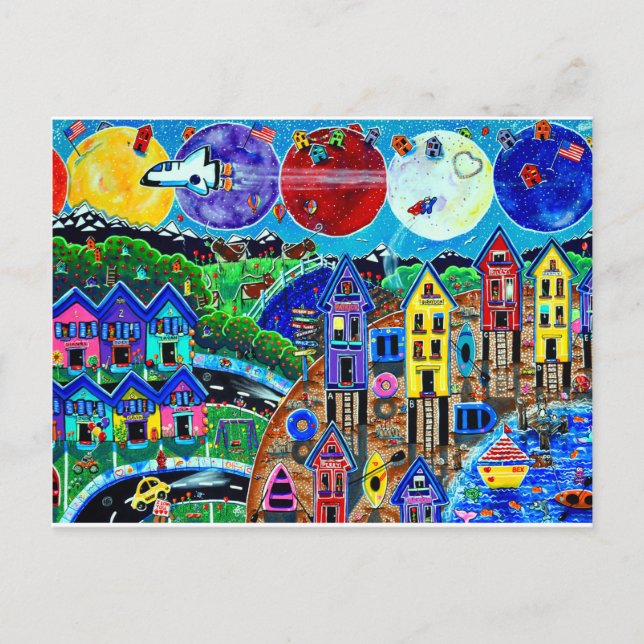 Fun Life Beach Space Shuttle Planets Ocean Kids Postkarte (Vorderseite)