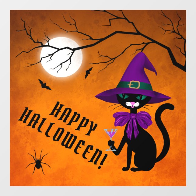 Fun Lila Black Cat Witch Hat Vollmond Halloween Fensteraufkleber (Blatt)