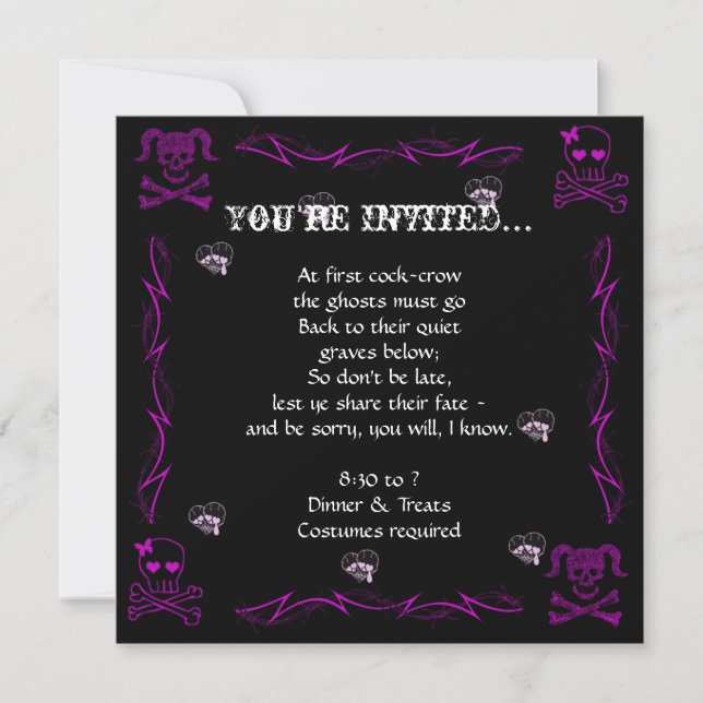 Fun Lila Girl Gothic Skulls Halloween-Party Einladung (Vorderseite)
