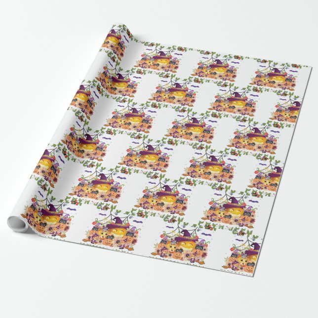 Fun Lila Hat Catoween, Niedlich Orange Pumpkin Geschenkpapier (Ungerollt)