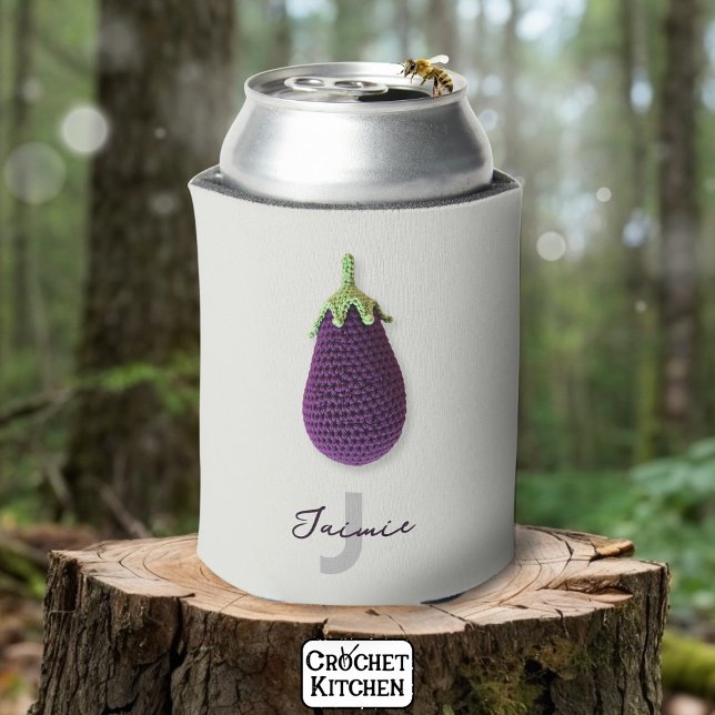 Fun Lila Moderne Minimal Crochet Eggplant Name Dosenkühler (Von Creator hochgeladen)