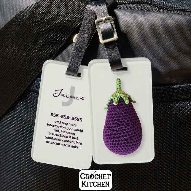 Fun Lila Moderne Minimal Crochet Eggplant Name Gepäckanhänger (Von Creator hochgeladen)