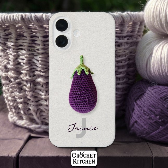 Fun Lila Moderne Minimal Crochet Eggplant Name iPhone 16 Hülle (Von Creator hochgeladen)