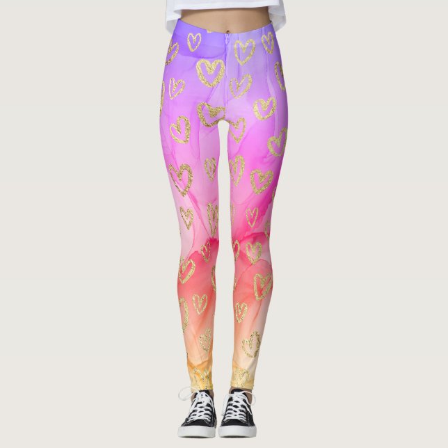 Fun Lila rosa Gelbe Imitate Foil Gold Hearts Leggings (Vorderseite)