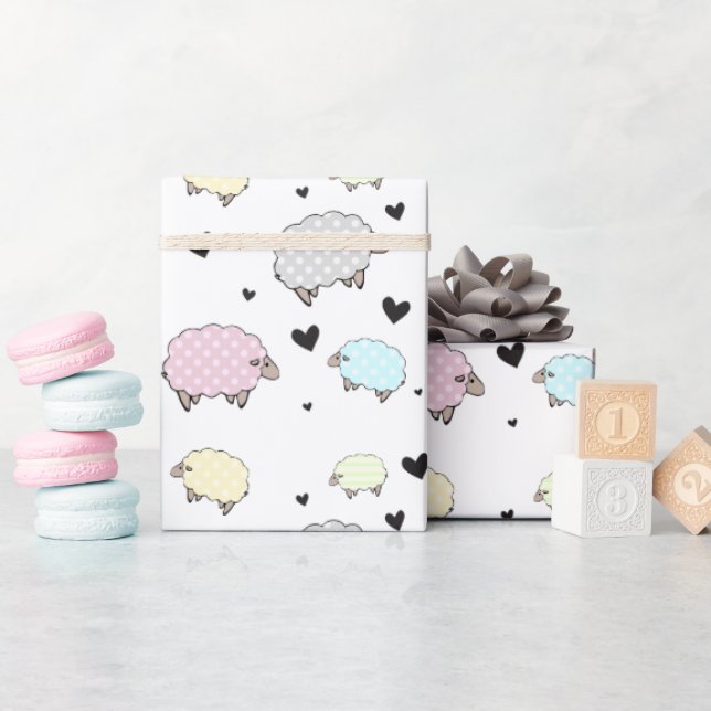 Fun Little Sheep & Hearts Muster Geschenkpapier (Babyparty)