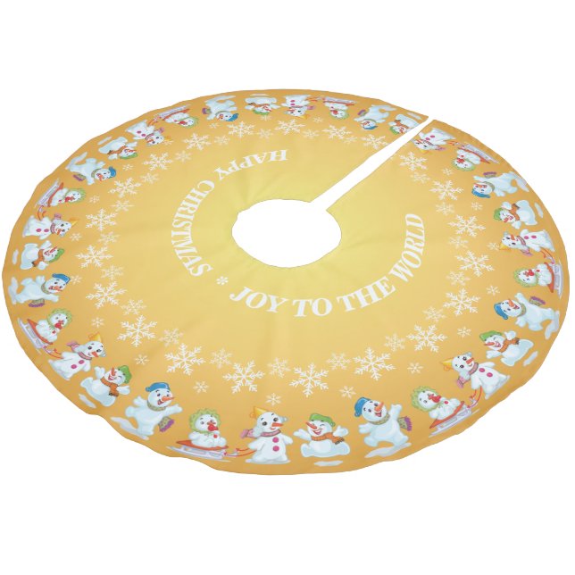Fun Love Snowmen und Schneeflocken Gold Polyester Weihnachtsbaumdecke (Schrägansicht)