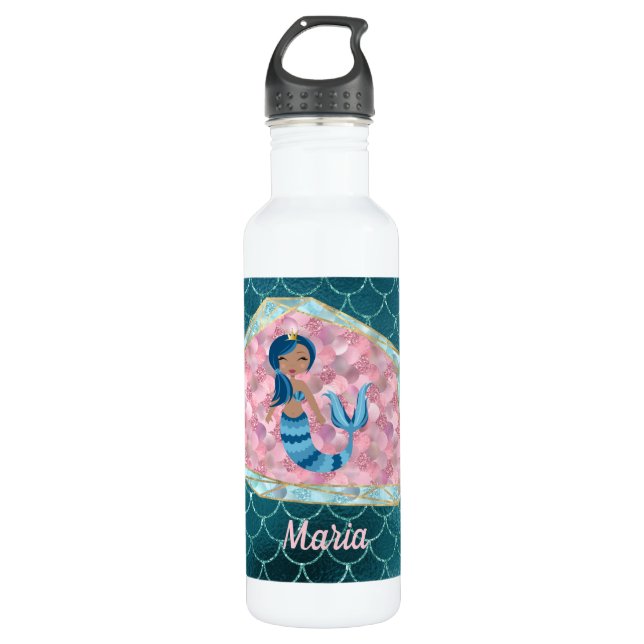 Fun Mermaid in Deep Aqua in einer rosa Muschel Edelstahlflasche (Vorderseite)