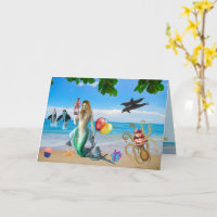 Fun Mermaid sur la carte d'anniversaire de la plag