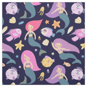 Fun Mermaid und Fischmuster auf blau Stoff