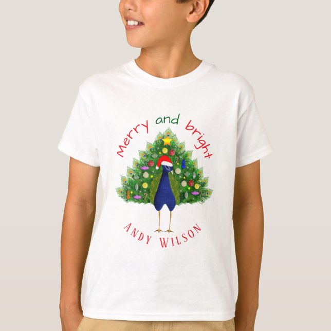 Fun Merry and Bright Christmas Tree Peacock T-Shirt (Vorderseite)