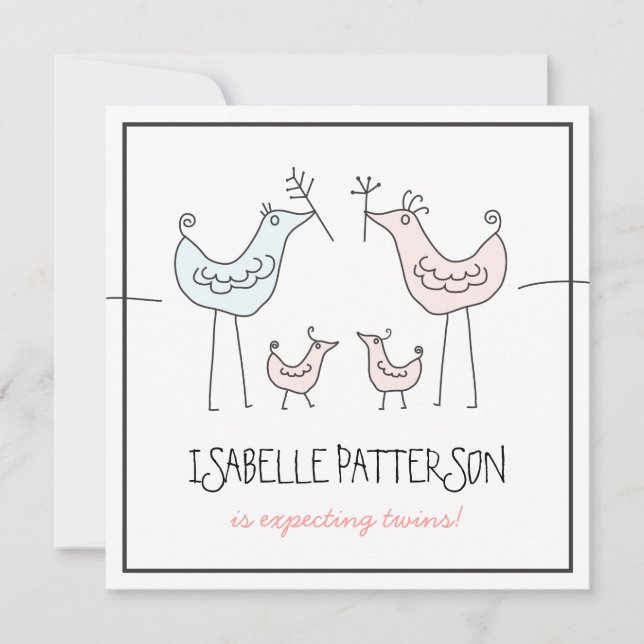 Fun Modern Birds Twin Baby Girl Dusche Einladung (Vorderseite)