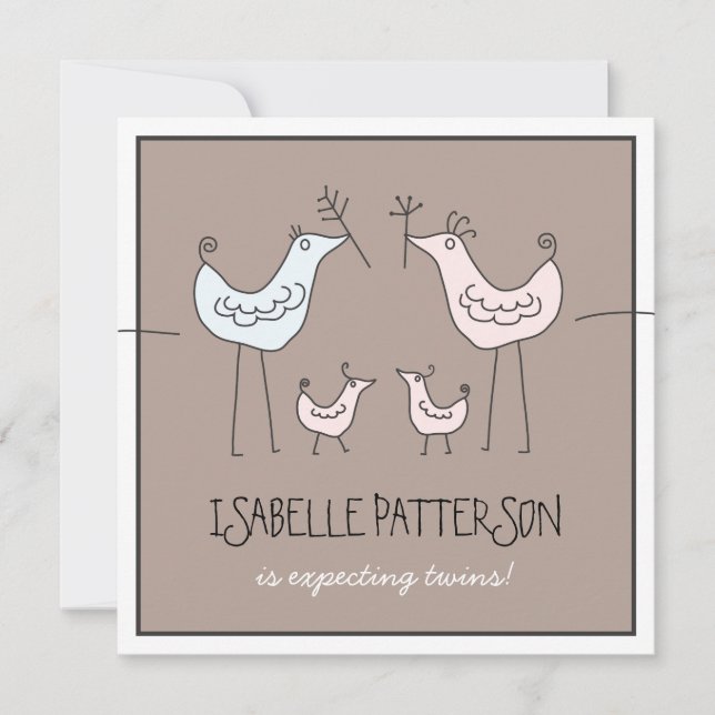 Fun Modern Birds Twin Baby Girl Dusche Einladung (Vorderseite)
