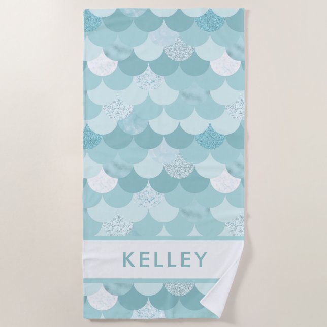 Fun Modern Blue Green Mermaid Scale Muster Strandtuch (Vorderseite)